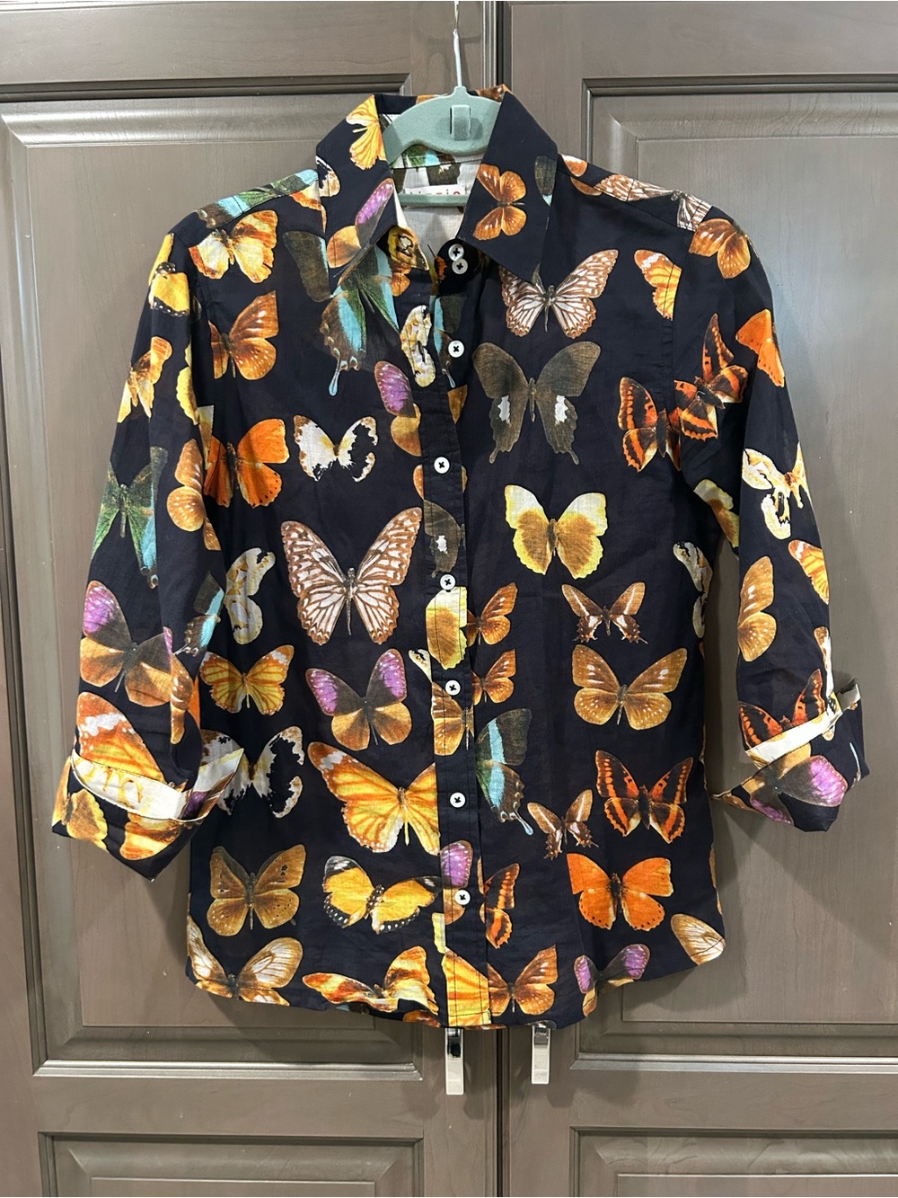 Tizzie Rome Shirt with 3/4 Sleeves, Black with Butterflies, Size XS